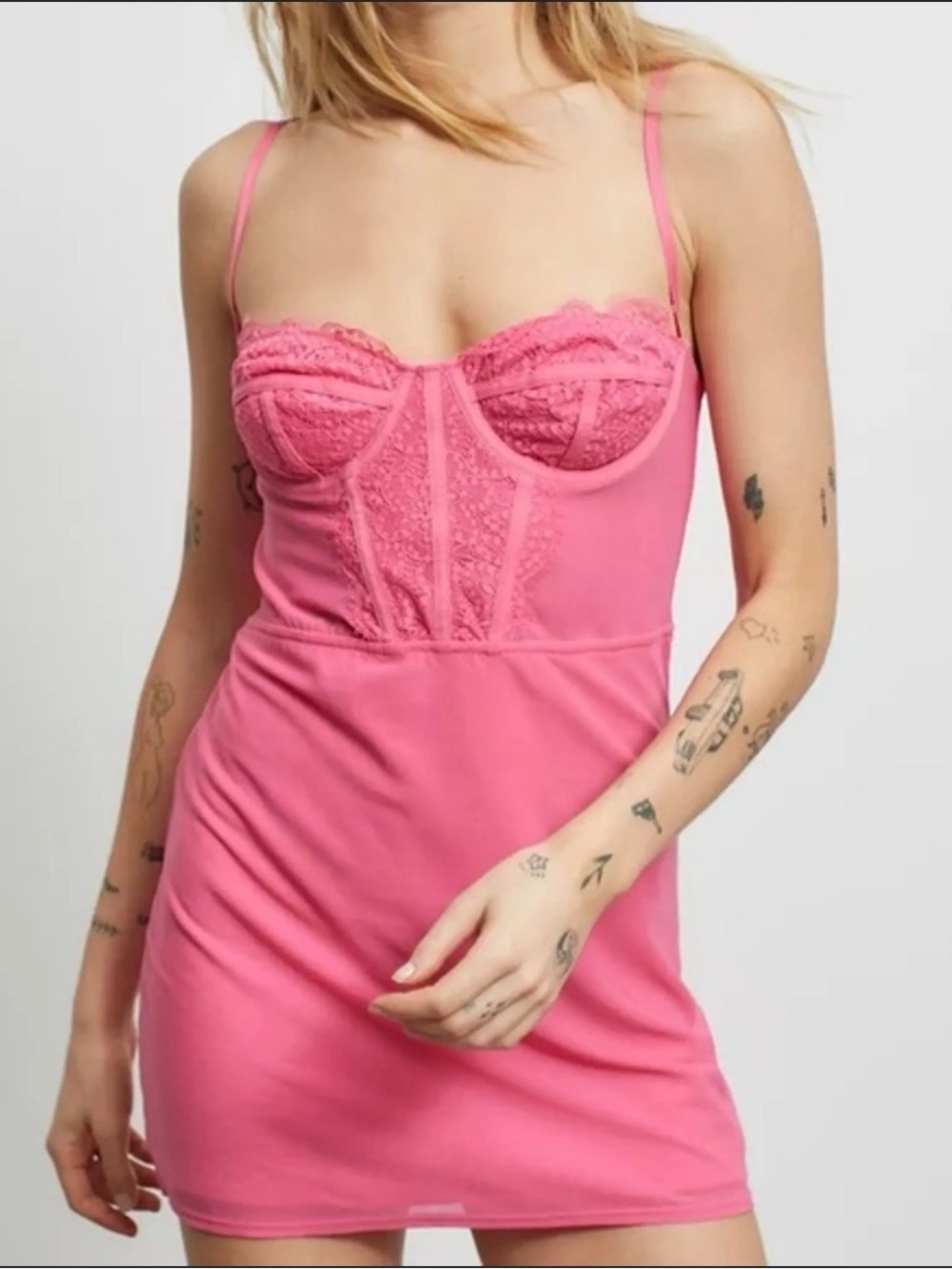 Urban Outfitters Brenna Bustier Mini Dress | Hot Pink Lace Bodice & UnderwireXXL